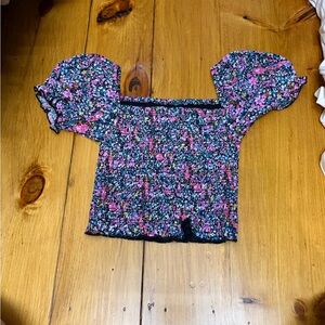 Katie J NYC Black Smocked Top with matching skirt, Multicolor Floral Print